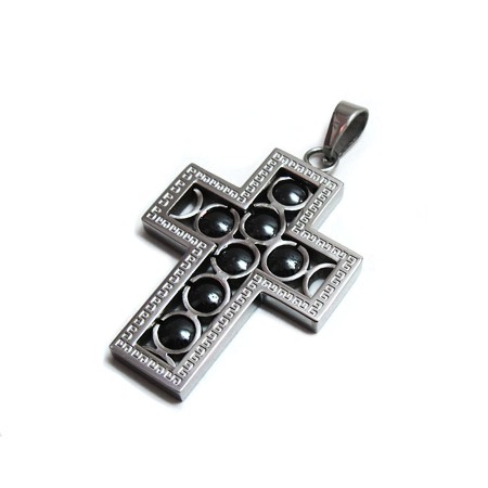 Stainless Steel Cross with Hematite Beads and Greek Key Border - Click Image to Close